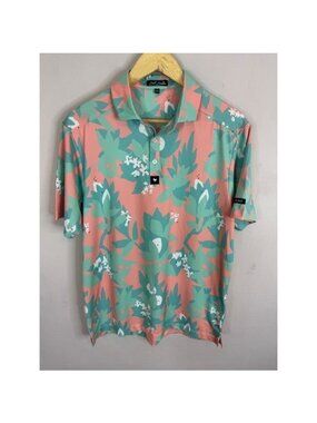 Bad Birdie Mens S Peach Mint Green Tropical Floral Performance Golf Polo Shirt